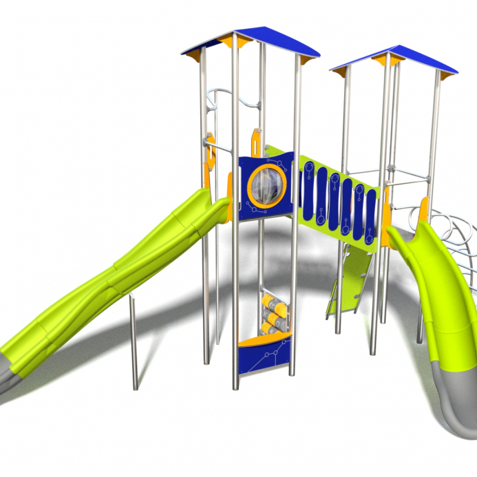INOX óriás tornyok ferde híddal két csúszdával