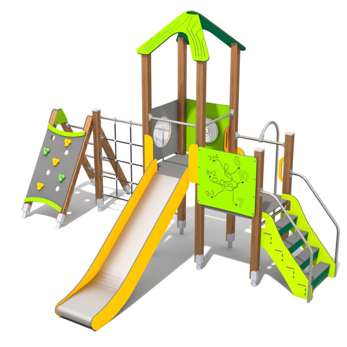 Torony bástyával mászókával és mászó hálóval