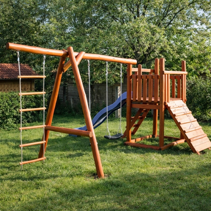 Bástyás hinta mászó rámpával rönkfából nagy torony