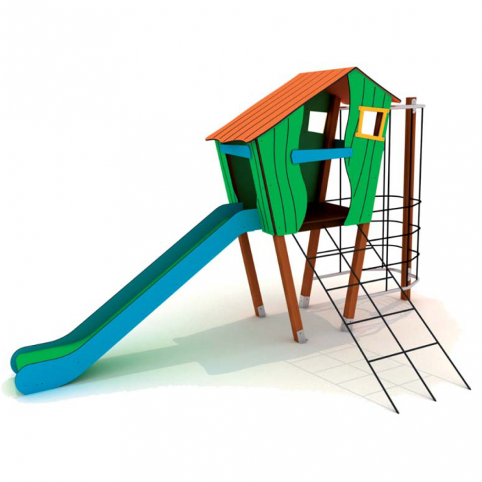 Csúszdás kisház lábakon mászó kötéllel