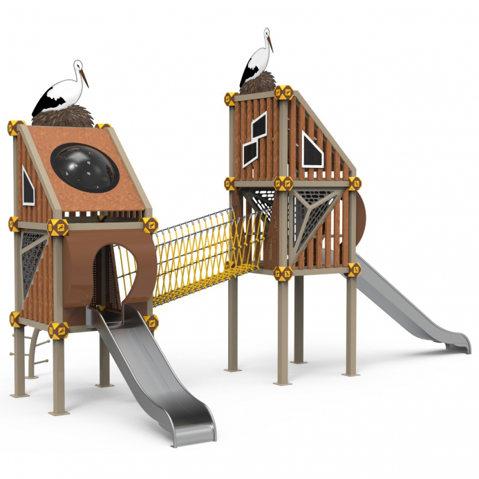 Dupla bambusz ház ferde kötélhíddal két csúszdával