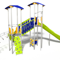 INOX óriás tornyok ferde híddal két csúszdával