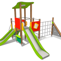 Torony iker bástyákkal dupla csúszdával óriás mászó hálóval