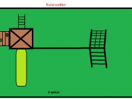 Kis torony fatetővel, mászófallal, homokozóval, hálós mászókával