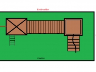 Fatetős kuckós torony és bástya, híddal összekötve, tűzoltórúddal, mászó fallal, mászó hálóval