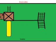 Kis torony fatővel, mászó fallal, hálós mászókával homokozóval